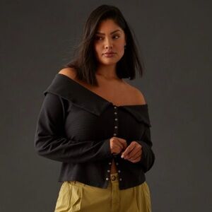 NWT Maeve Anthropologie Ribbed Off Shoulder Snap Button cardigan top w/ collar L